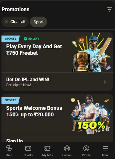 Sports bonus Parimatch app