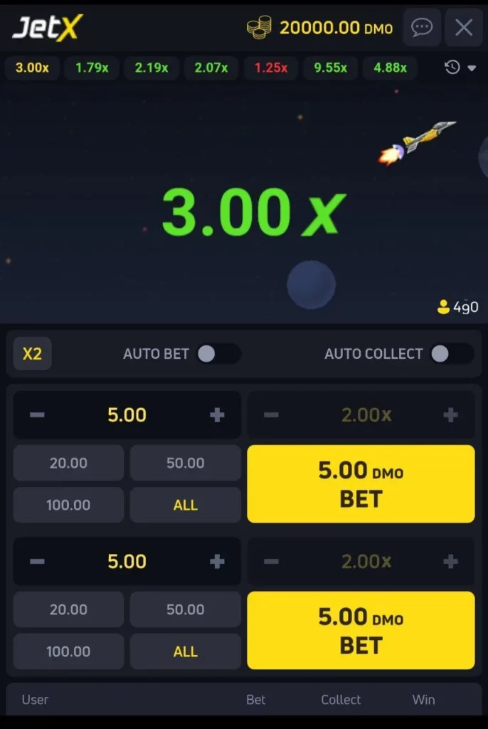 JetX game app main screen
