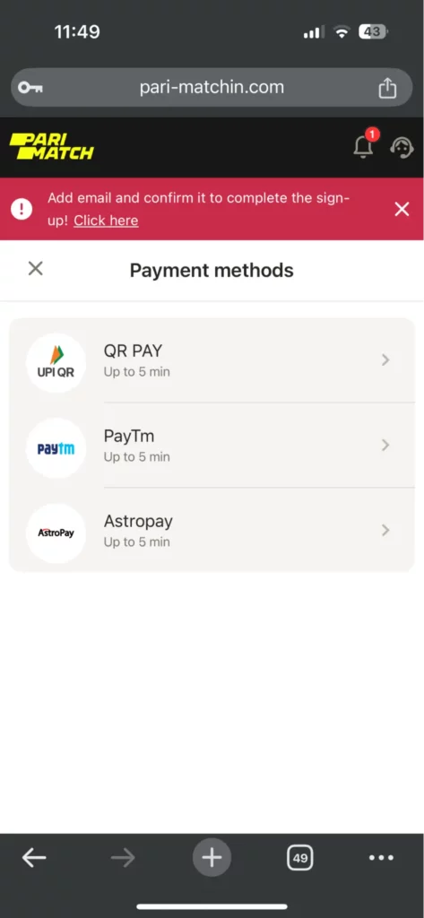 Parimatch Payment Methods Page