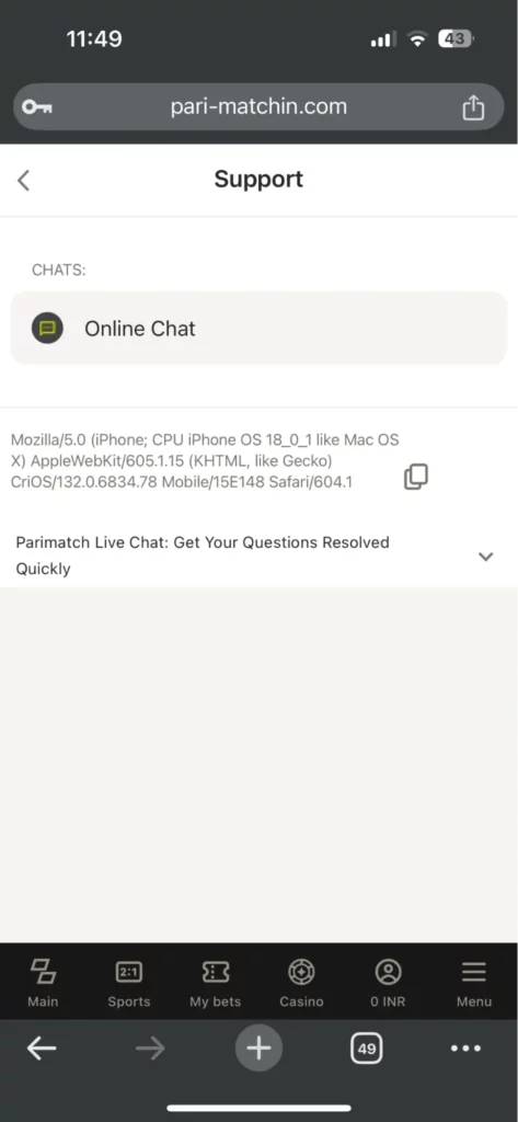 Parimatch Customer Support Page